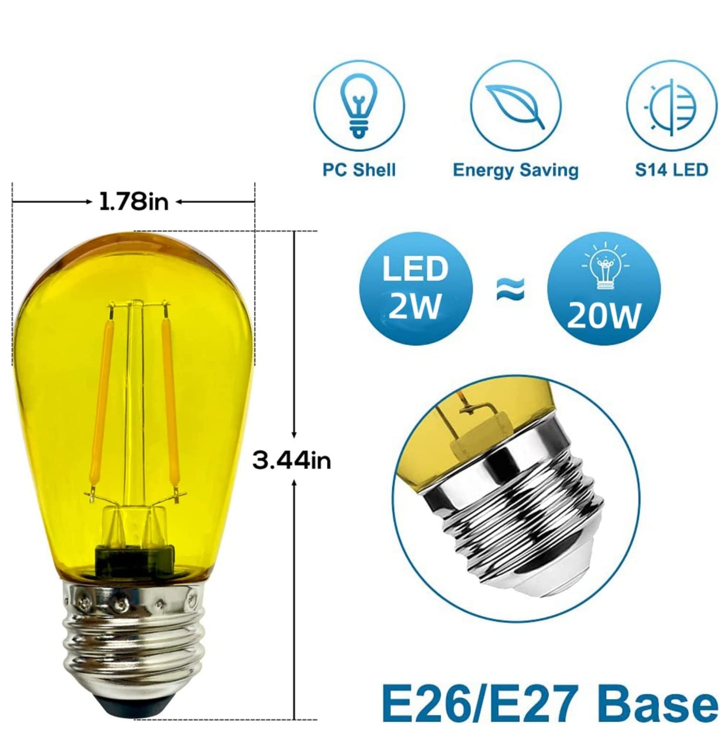 Minsily 15 Pack S14 LED Bulb Yellow Christmas Replacement Bulbs 2W S14 Outdoor LED String Lights Plastic Shatterproof Edison Bulb E26 Base Decorative Bulbs for Christmas Halloween Holiday Home Decor