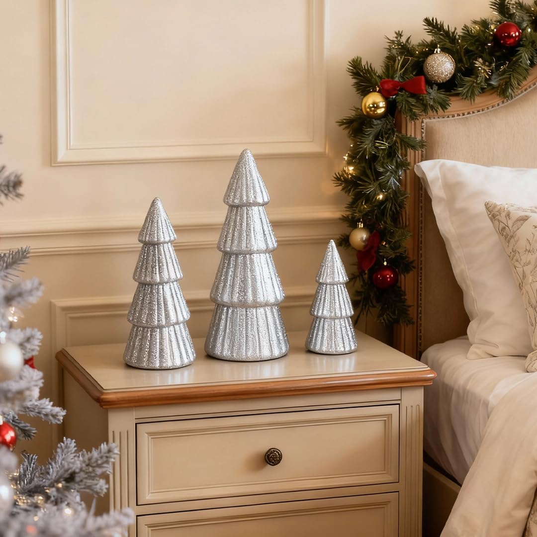 Joyhalo Tabletop Christmas Trees, Set of 3 Frosted Christmas Trees Indoor Xmas Decoration Centerpieces for Table, Mantel, Holiday, Party and Home Decor, Silver