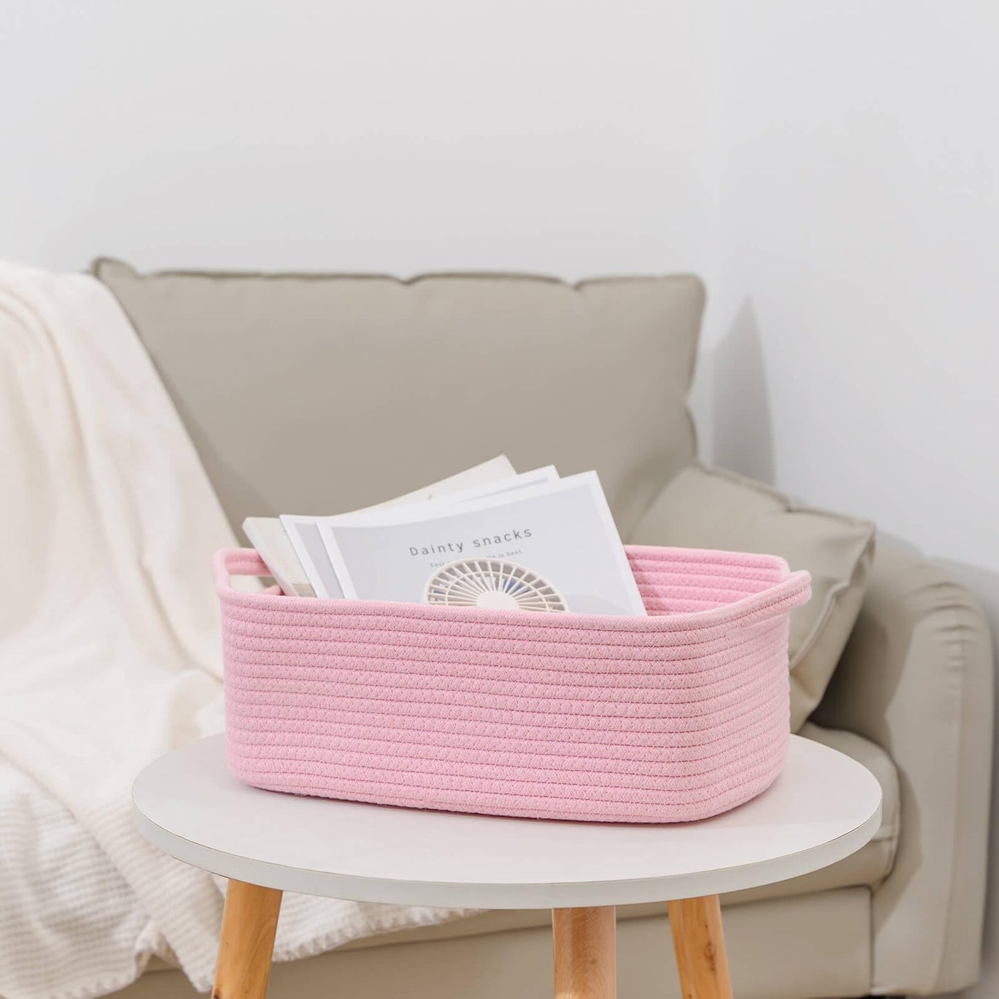 CubesLand Cute and Durable Small Cotton Rope Basket for Organizing, Woven Closet Storage Bin,Shelves Closet Storage Basket, Bathroom Storage Organizer Bin, Nursery Toy Basket Bin, Pink Basket