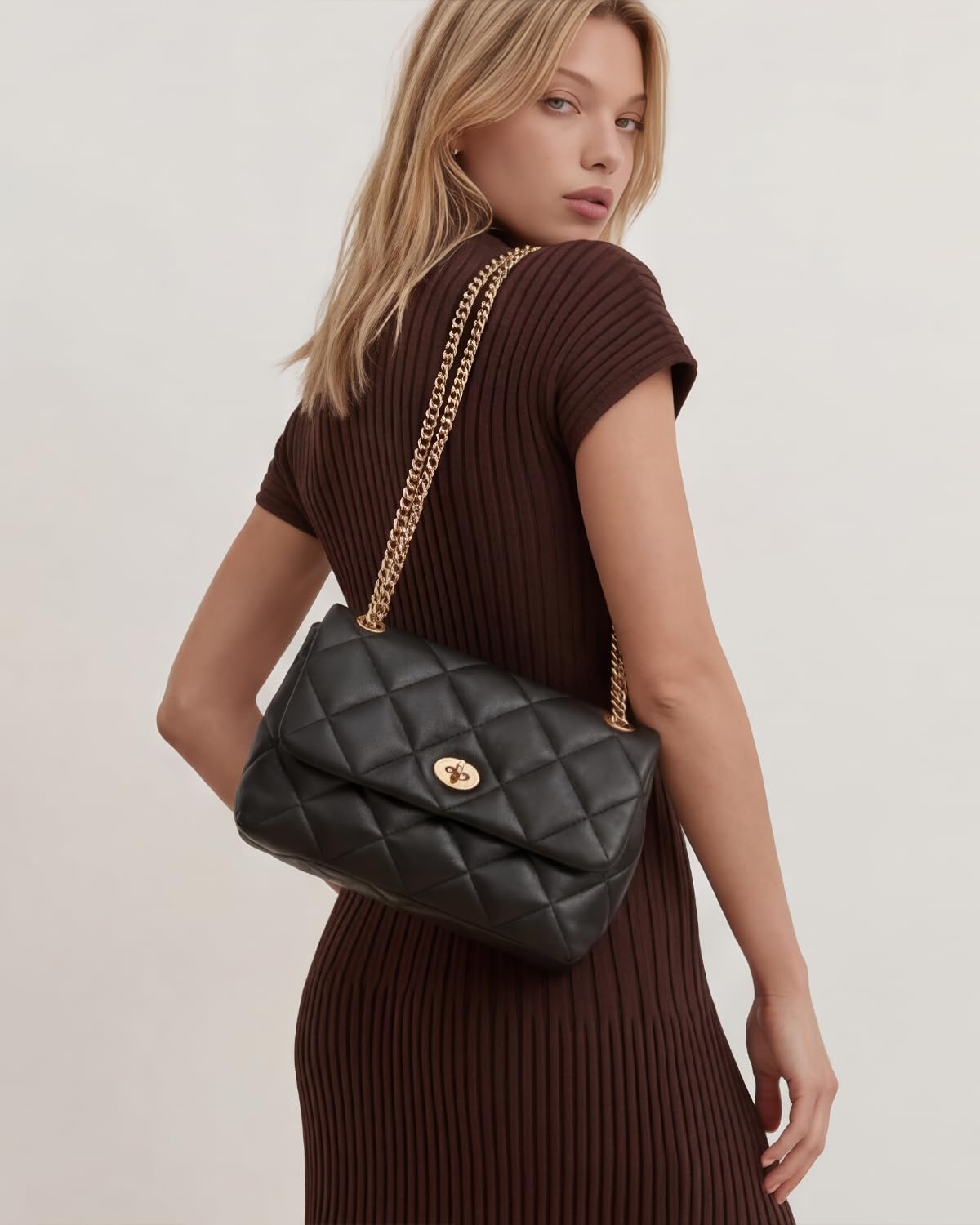 Apryl Quilted Crossbody Bags for Women - Shoulder Bag with Chain Purse Strap - Small Trendy Soft PU Vegan Leather Designer Purses - Black