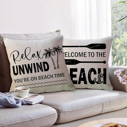 ULOVE LOVE YOURSELF Coastal Beach Throw Cushion Covers Double-Sided Tropical Palm Paddles Anchor Starfish Summer Beach House Decorative Pillowcase 18 x 18 Inch 4Pack Porch Patio Decor (Black)