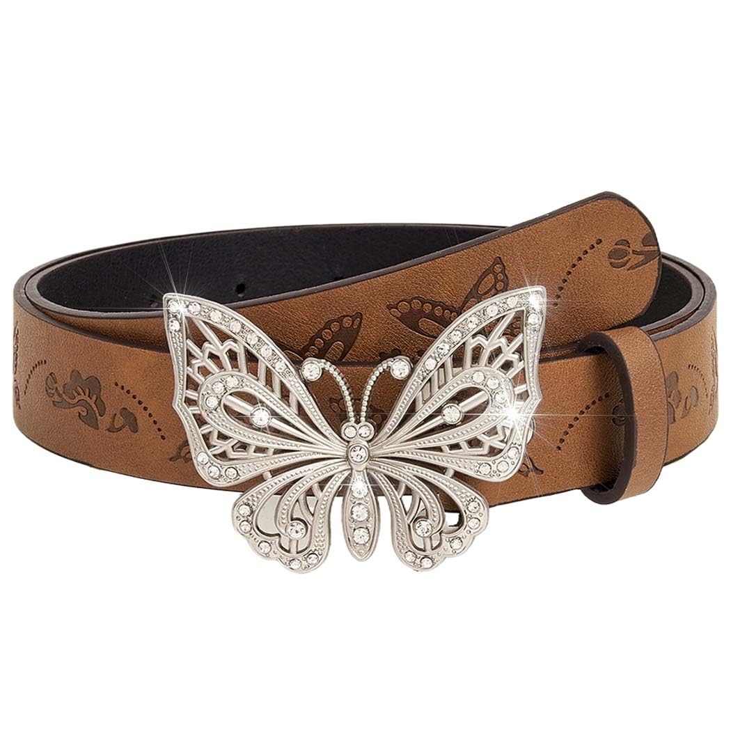 Flimire Western Skinny Leather Belt for Women Brown Country Belt for Jeans Pants Cowgirl Cowboy Belt with Butterfly Buckle (Butterfly)
