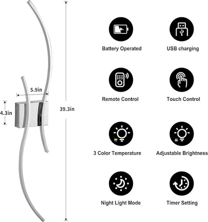 Battery Operated Wall Sconces Set of Two with Remote Control, Stepless Colors 3000K-6000K & Dimming, LED Chrome Wireless Wall Light for Living Room, Hallway, Bedroom, 39.3 Inch (2 Pack)