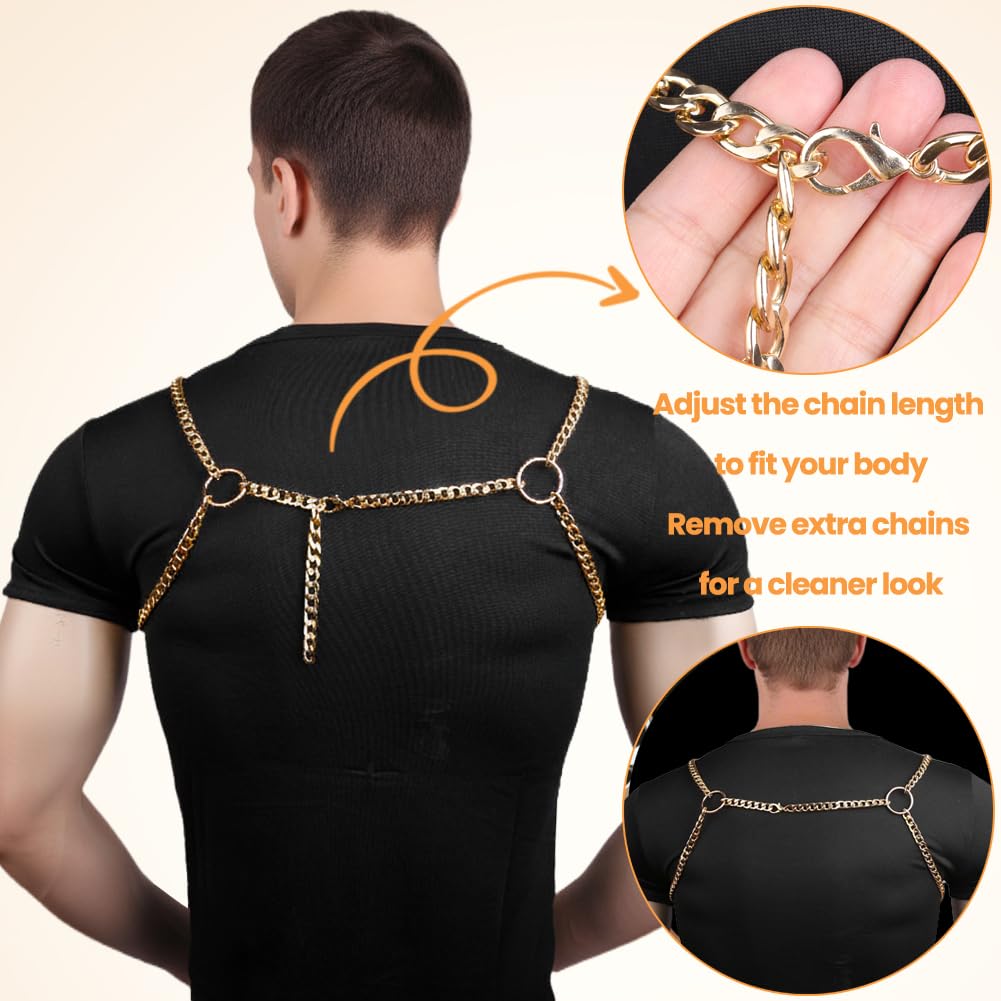 RTeczSolve Men's Chest Harness Chain Costume, Body Harness Belt for Men, Male Chest Harness Fashion Uniform for Cosplay Party (Gold)