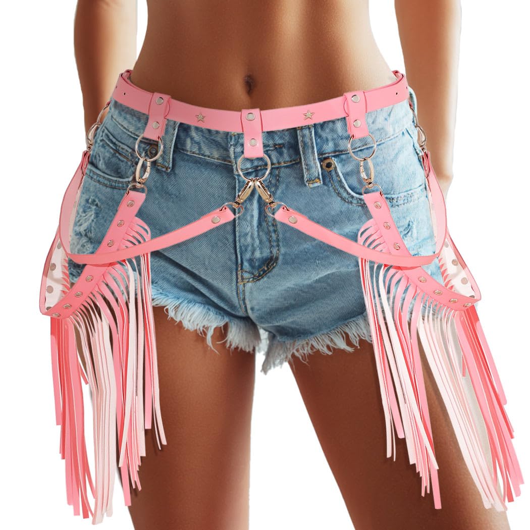 Zoestar Cowgirl Fringe Belt Leather Tassel Belts Fashion Rave Harness Waist Belt Cowgirl Costume Accessories for Women (Pink)