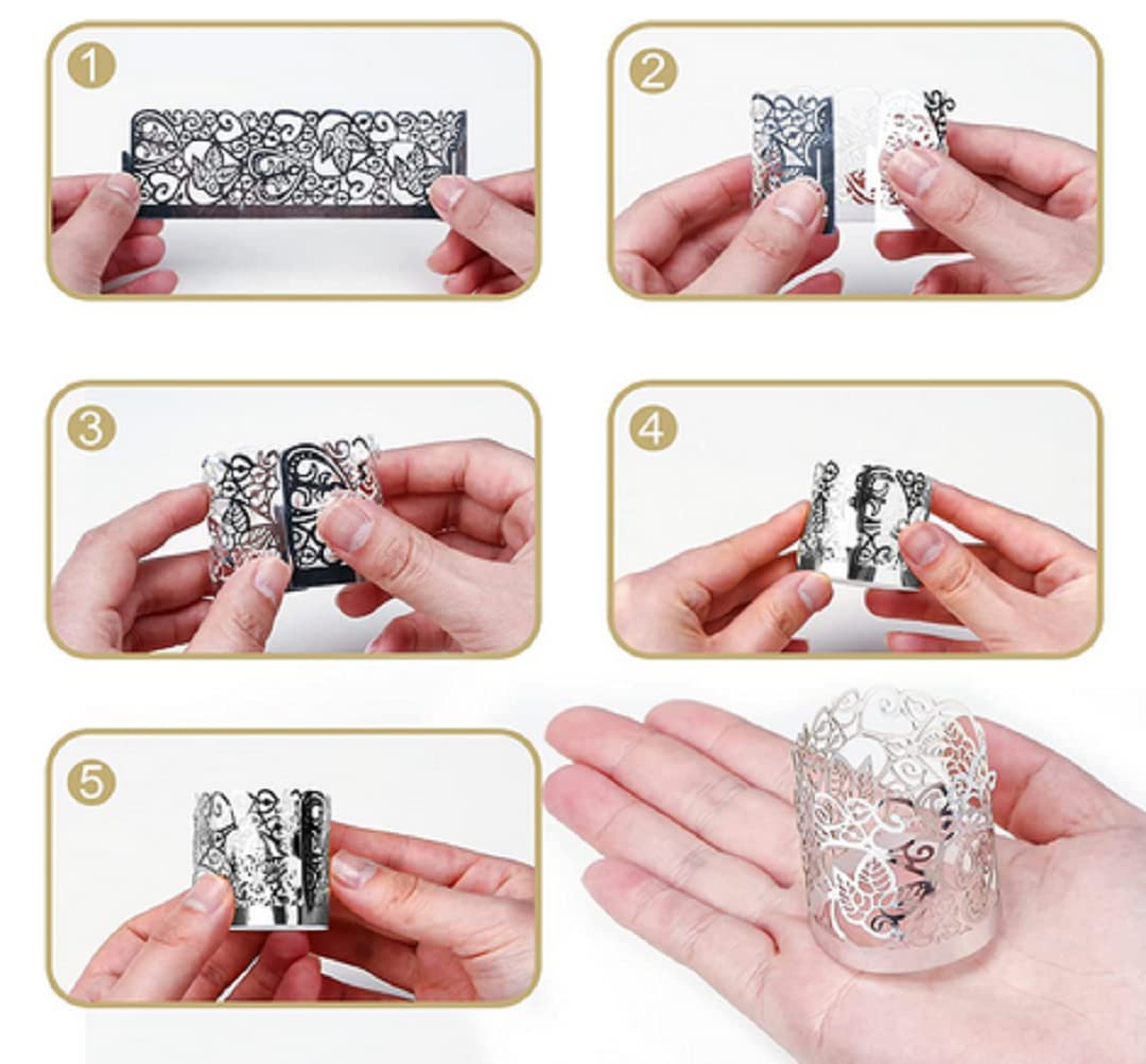 zmgmsmh 100 Candle Holder Laser Cutting Votive Wraps Candle Holder for Wedding Table Christmas Festival Tealight Decor Tea Light Votive Wrap Candle Holder Decorative Wraps Paper (Silvery)