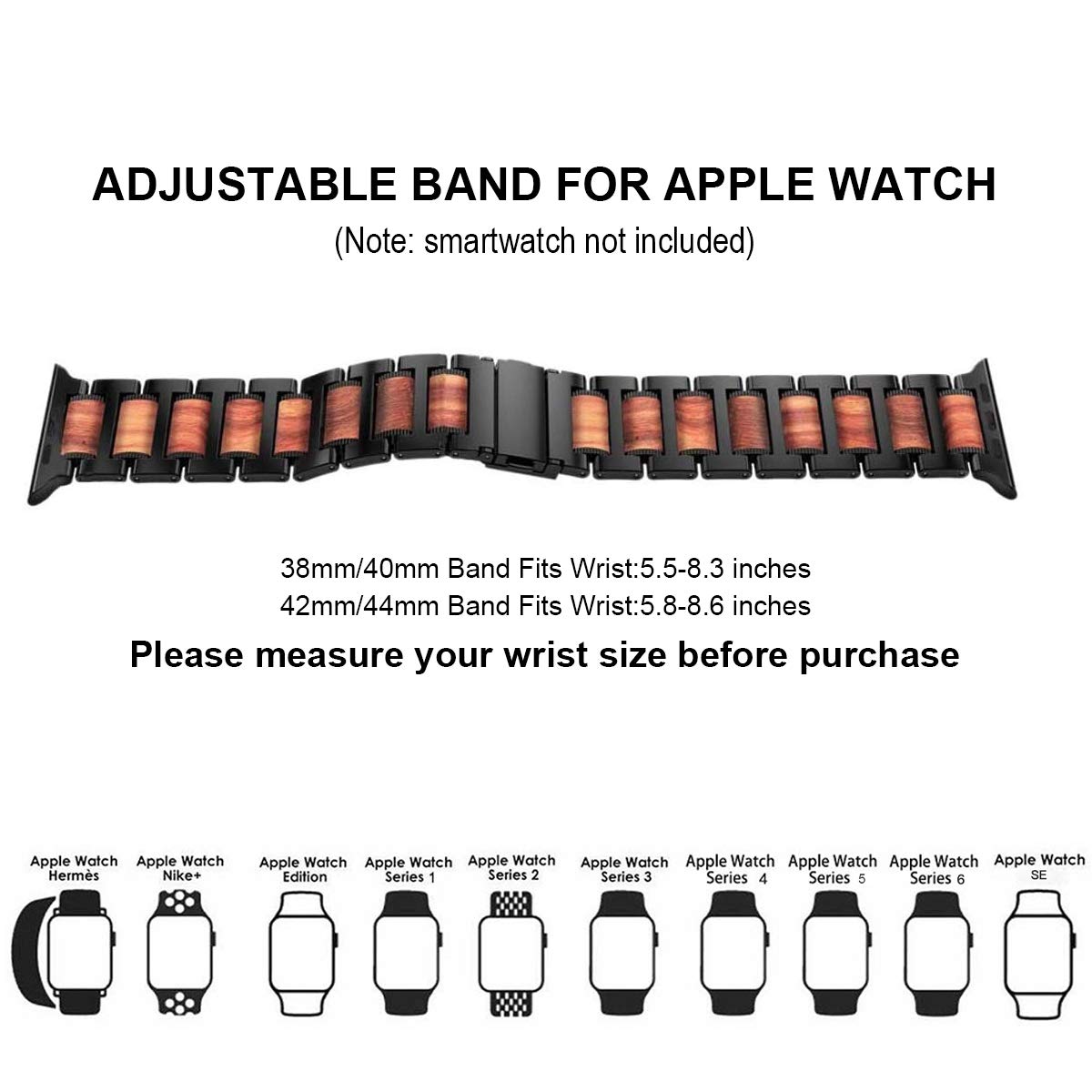 iiteeology Compatible with Apple Watch Band, Natural Wooden Steel Link Bracelet for iWatch Ultra 3/ Ultra 2/ Series 1-11 49mm 46mm 45mm 44mm 42mm - Black