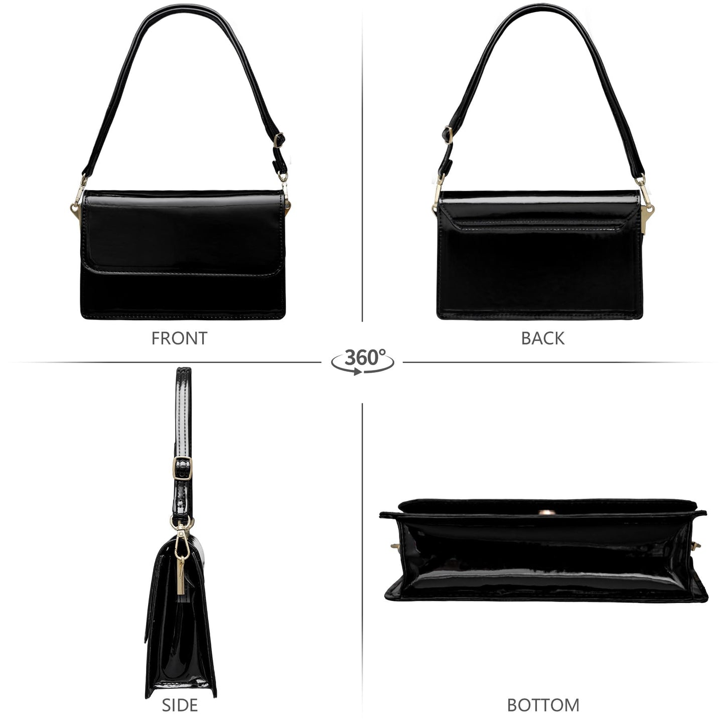 Toptime Patent Leather Evening Bag Clutch Purse for Women, Shiny Black Shoulder Bag with Adjustable Strap, Envelope Crossbody Bags Handbag with 2 Compartments for Prom Cocktail Party Wedding