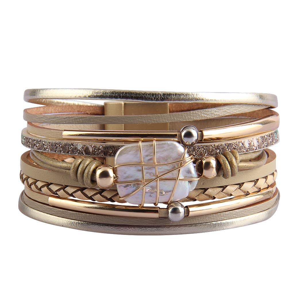 GelConnie Womens Leather Cuff Bracelet Baroque Pearl Boho Wrap Cuff Bracelets Gold Tube Bangle Infinity Wrap Bracelet Handmade Wristbands Jewelry Bohemian Gift for Women, Mother