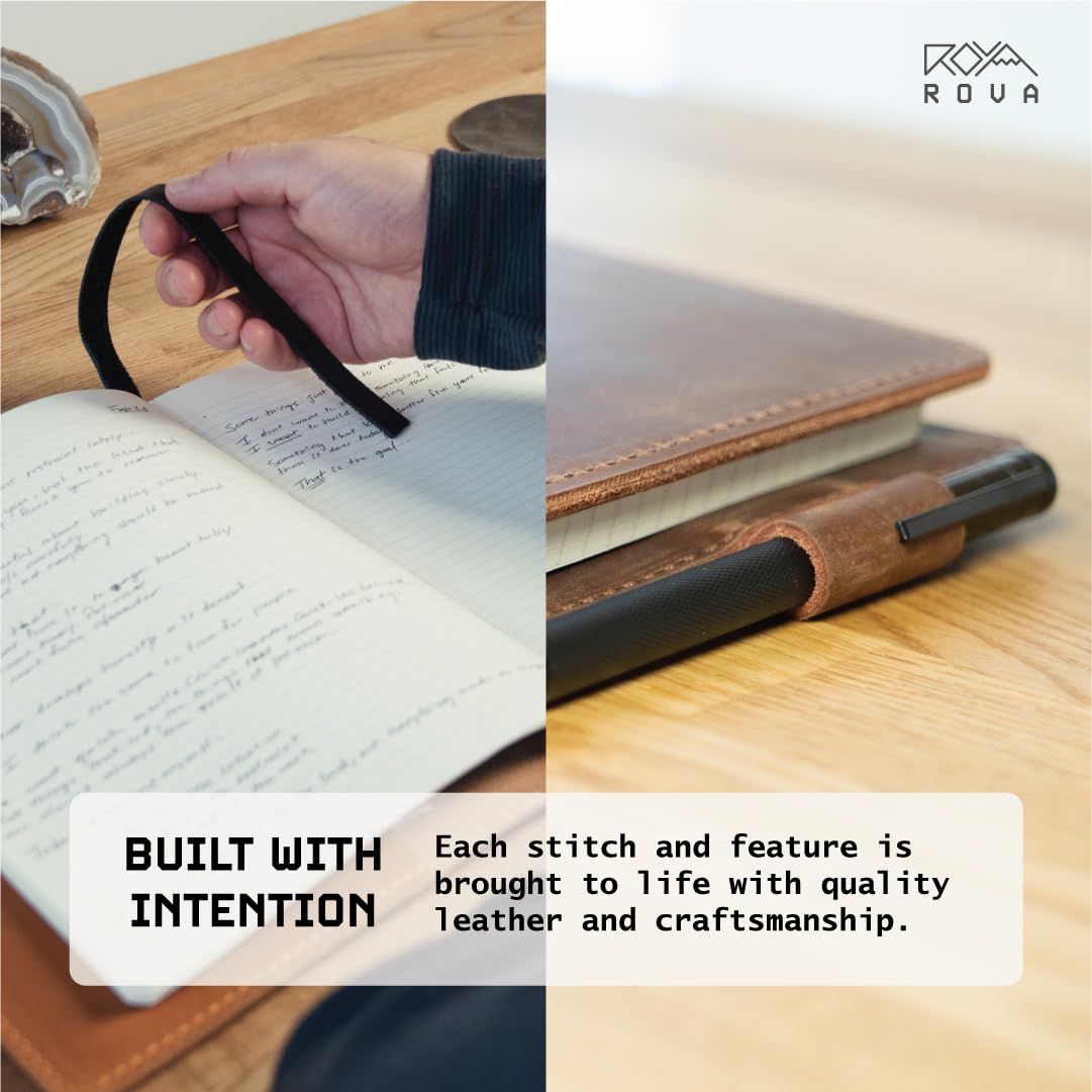 ROVA Full Grain Leather Notebook Journal Cover - Hand Crafted in the USA - Fits Moleskine XL (9.75" x 7.5") - Lay Flat Design with Pen Loop - Brown