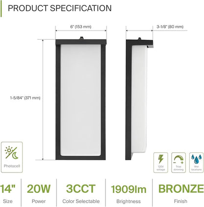 ASD LED 14" Outdoor Wall Light, Dusk to Dawn Front Door House Sconce | 3CCT, Photocell, Waterproof, ETL Listed | 20W 1900LM 3000-5000K 120V | Exterior Lighting Fixture, Porch Lamp | Black, 4 Pack