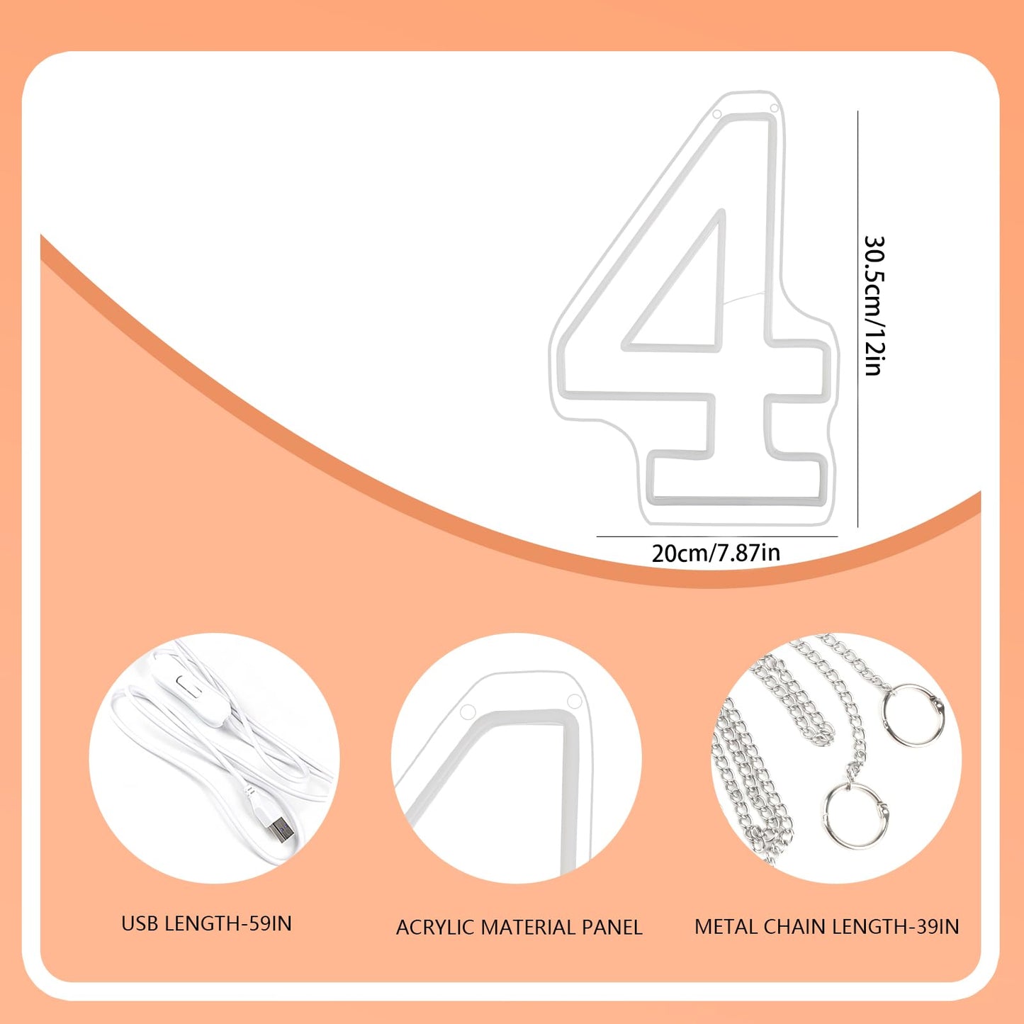 RUMONZS LED Acrylic Light up Number, Decorative Transparent Light up Letters USB Powered Big Number Sign Light for Birthday, Night Light, Party, Anniversary, Christmas, Home Decor, Wedding 12'' (number4)