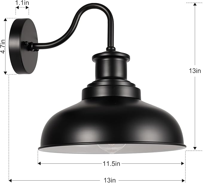Outdoor Gooseneck Barn Light Outdoor Wall Sconce Farmhouse Exterior Wall Mount Light Vintage Outside Lighting Fixture Industrial Black White Lantern for Porch, Entryway, Garage, 1 Pack