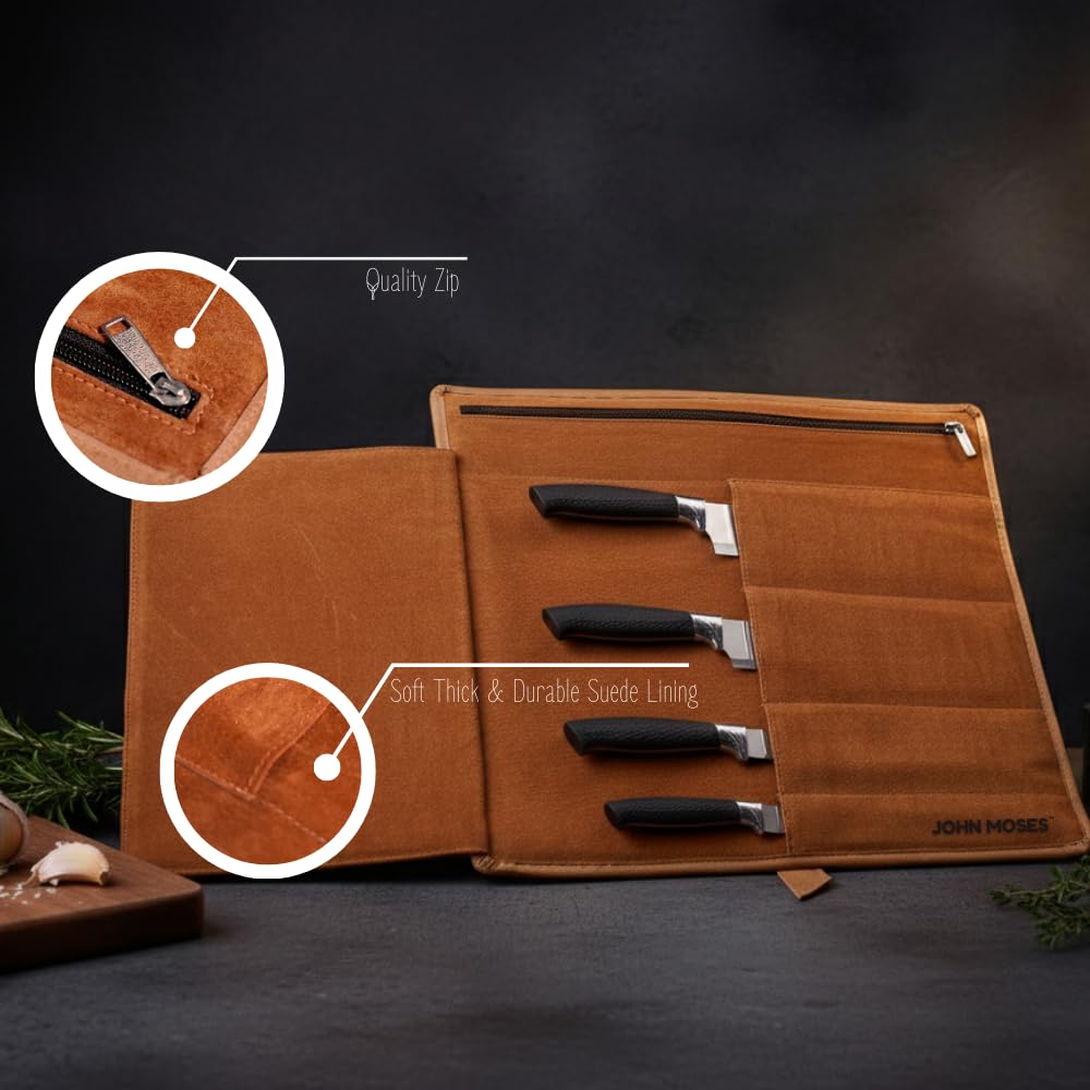 Leather Knife Roll Bag Professional Chef Knife Case, Cooks & Culinary Tools Carrying Storage, Durable Knife Sheath Holder, Portable Knife Wrap - 4 Slots