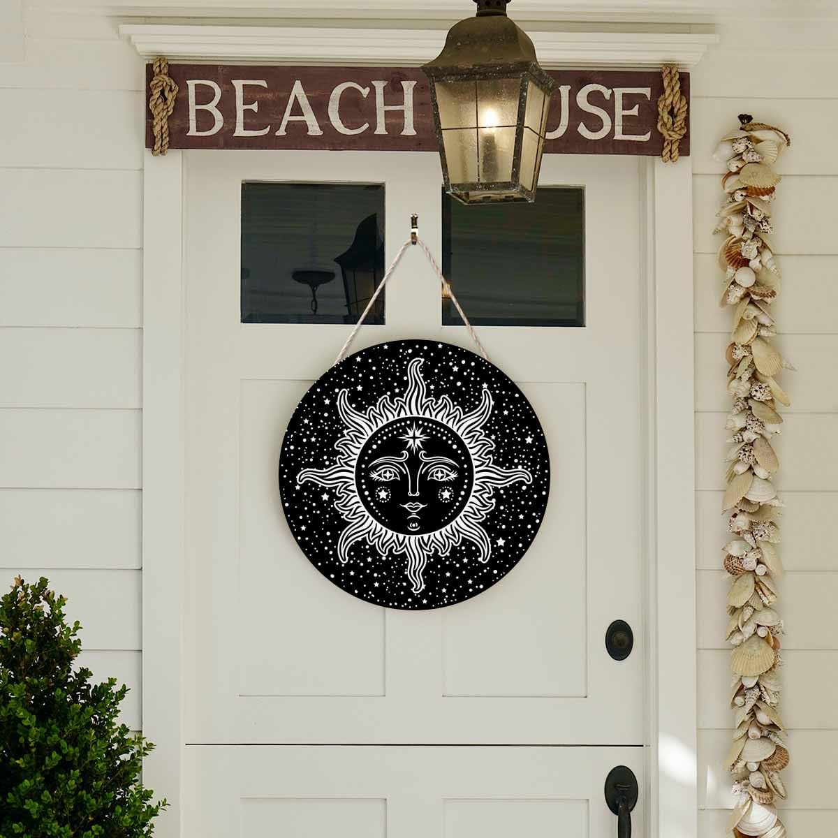 Beabes Farmhouse Front Porch Decor Door Hanging Black White Sun Stars 12in Round Wooden Hanging Housewarming Home Decor Present