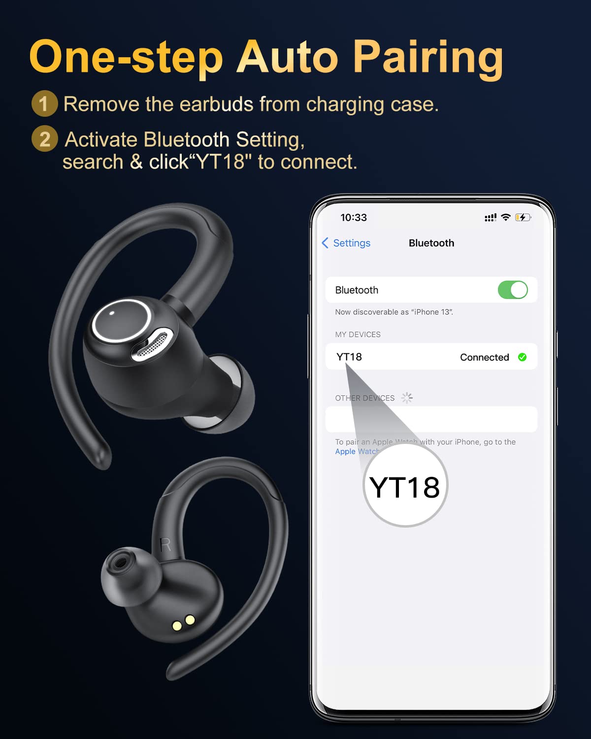 Wireless Earbuds, Bluetooth 5.4 Headphones Sport, Over Ear Buds With ENC Noise Cancelling Mic, 48H, Wireless Earphone With Earhooks, Stereo Deep Bass, IP7 Waterproof ear bud for Workout Running, Black