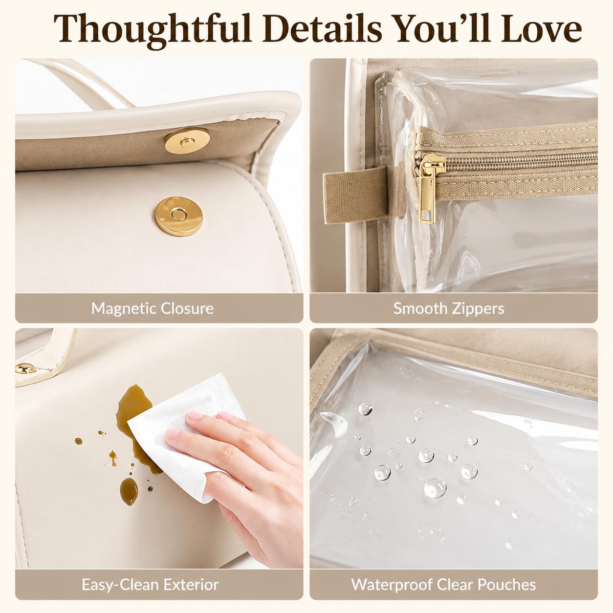 YDR 4-in-1 Travel Makeup Bag with Detachable Pouches, Large Hanging Toiletry Organizer for Women, Waterproof PU Leather Cosmetic Bag for Brushes, Toiletries & Skincare, Portable Roll Up Case
