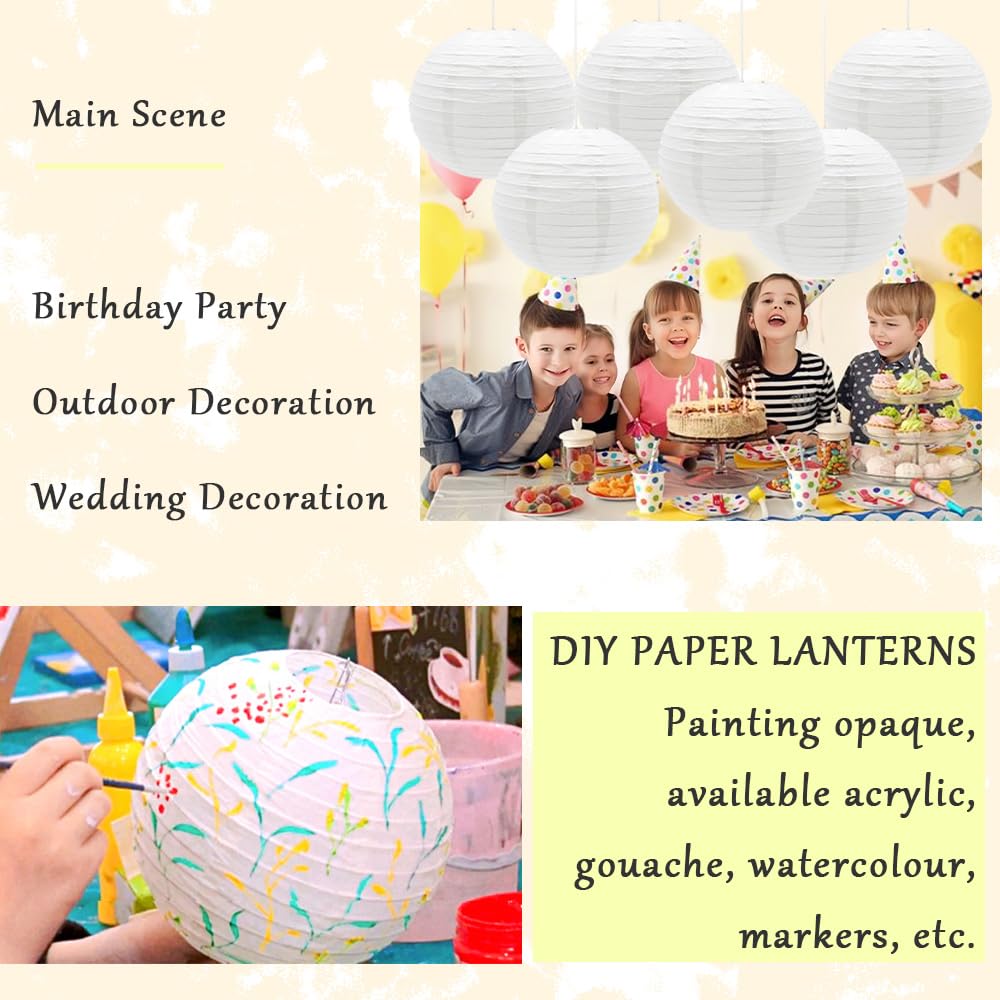 Ruidee 6Pcs Paper Lanterns Decorative Round Hanging Paper Lanterns for Birthday, Wedding, Christmas Xmas, Bridal, Home Decor, Party Decoration（12in/White）