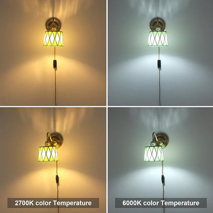 Vintage Wall Sconce, Wall Mounted Lamps with Green Checker Sconce, Stained Glass Shade Gold Wall Lights Fixture with Plug in Cord and Switch for Bedroom Bathroom Living Room Hallway