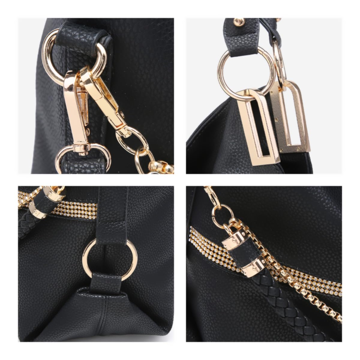 Dasein Women's Large Hobo Bag with Rhinestone Accents Vegan Leather Tote Purse Shoulder Handbag for Ladies (Black)