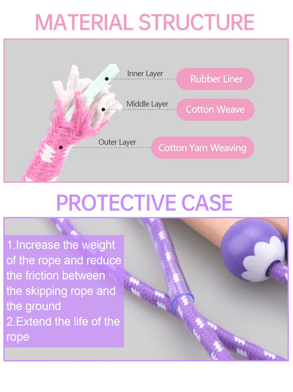 Lorvain Jump Rope for Kids, Adjustable Kids Jump Ropes for Girls Boys Toddler Fitness, Cotton Skipping Rope with Wooden Handle for Outdoor Fun Activities Exercise