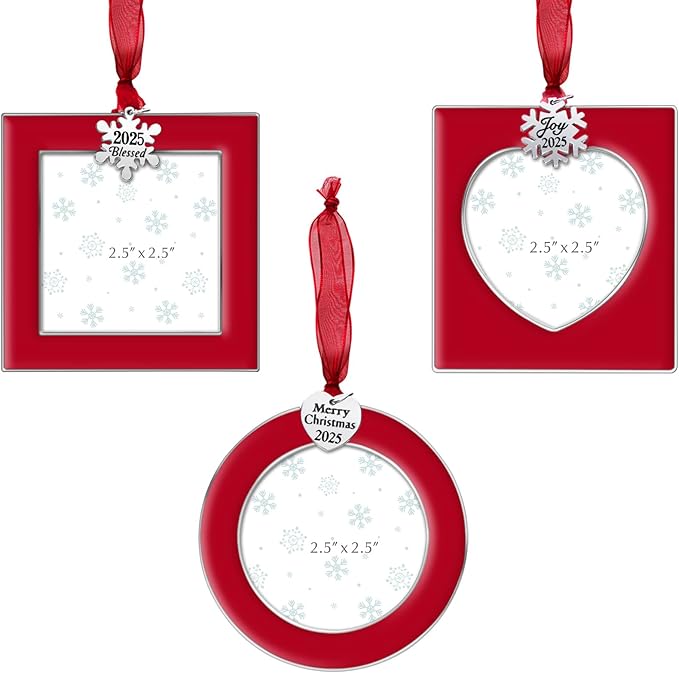 GUOER 3PCS Christmas Tree Ornaments Set Picture Frame Ornament Holiday Keepsake Gift Home Decor Christmas Decorations Xmas Gifts Pendant with 2.5” Photo Frame Insert (Red 2025)