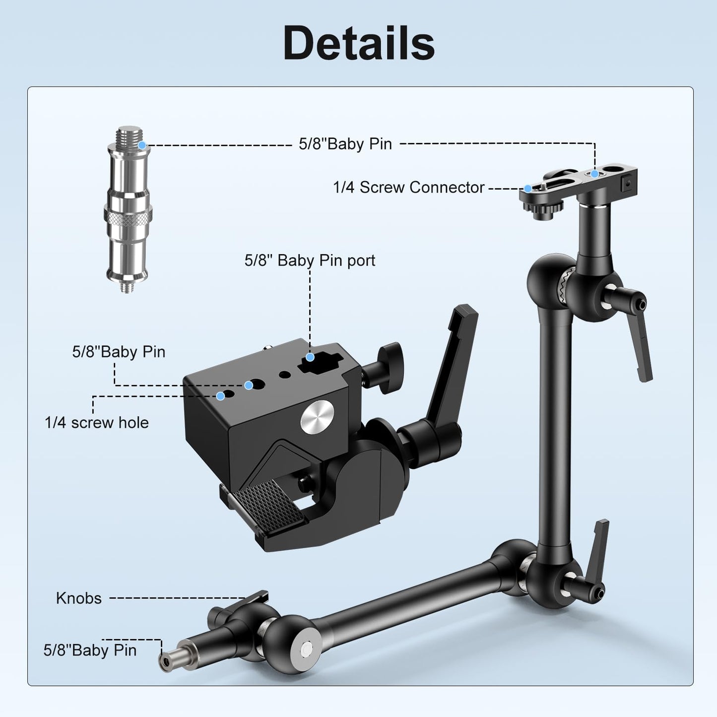 ALTSON 20.4"/52cm Magic Arm Mounting Kit - Super Clamp, 1/4" Screw Adapter, Overhead Camera Desk Mount Stand for Flash/LED Light/Microphone/Monitor, SmallRig Camera Cage, Max Load: 6.61lbs/3kg