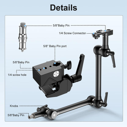 ALTSON 20.4"/52cm Magic Arm Mounting Kit - Super Clamp, 1/4" Screw Adapter, Overhead Camera Desk Mount Stand for Flash/LED Light/Microphone/Monitor, SmallRig Camera Cage, Max Load: 6.61lbs/3kg