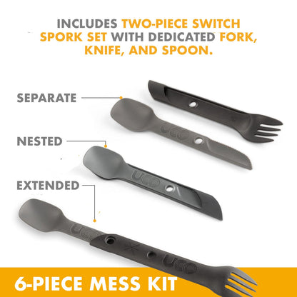 UCO 6-Piece Camping Mess Kit with Bowl, Plate, Camp Cup, and Switch Spork Utensil Set