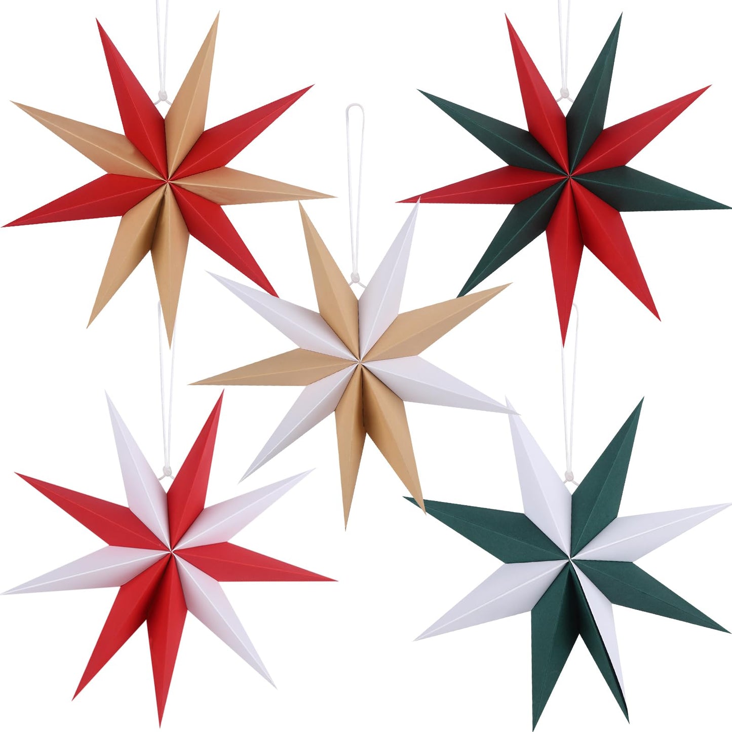 BestoFun 12 Inches 5 PCS Cindy Paper Star Lanterns Red Green White Christmas Party Decorations Hanging Stars Christmas Party Decorations Wedding Birthday Christmas Home Party Decorations(9 Pointed)