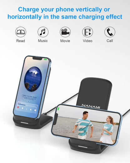 NANAMI Upgraded Fast Wireless Charger, Qi-Certified Wireless Charging Stand Compatible with Samsung Galaxy S25/S24/S23/S22/S21/S20 & Qi Phone Charger for iPhone 17/17 Air/16/16 Plus/16 Pro/15/14/13