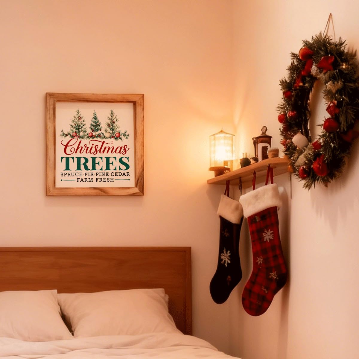 Christmas Wall Decor, Christmas Trees Farm Fresh Sign, Spruce Fir Pine Cedar Framed Wood Wall Accent for Rustic Living Room or Entryway, MDF Holiday Hanging Plaque