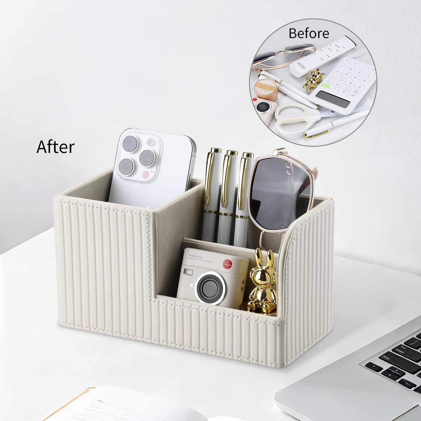 KINGFOM Desk Pen Organizer Office Supplies Caddy Pu Leather Multi-function Storage Box Pen/Pencil,Cell phone, Business Name Cards Remote Control Holder (Ivory White)