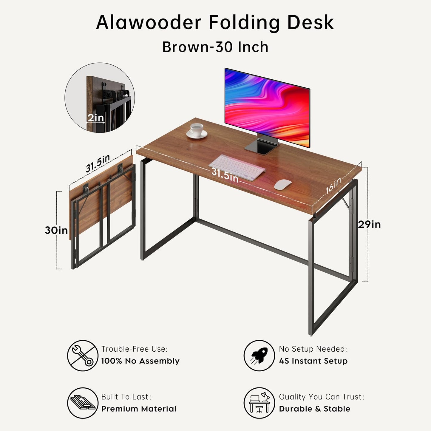 alawooder Folding Desk - 31.5" Wood Top Foldable Desk for Small Spaces | No Assembly Required Compact Desk for Home Office, Writing, and Study