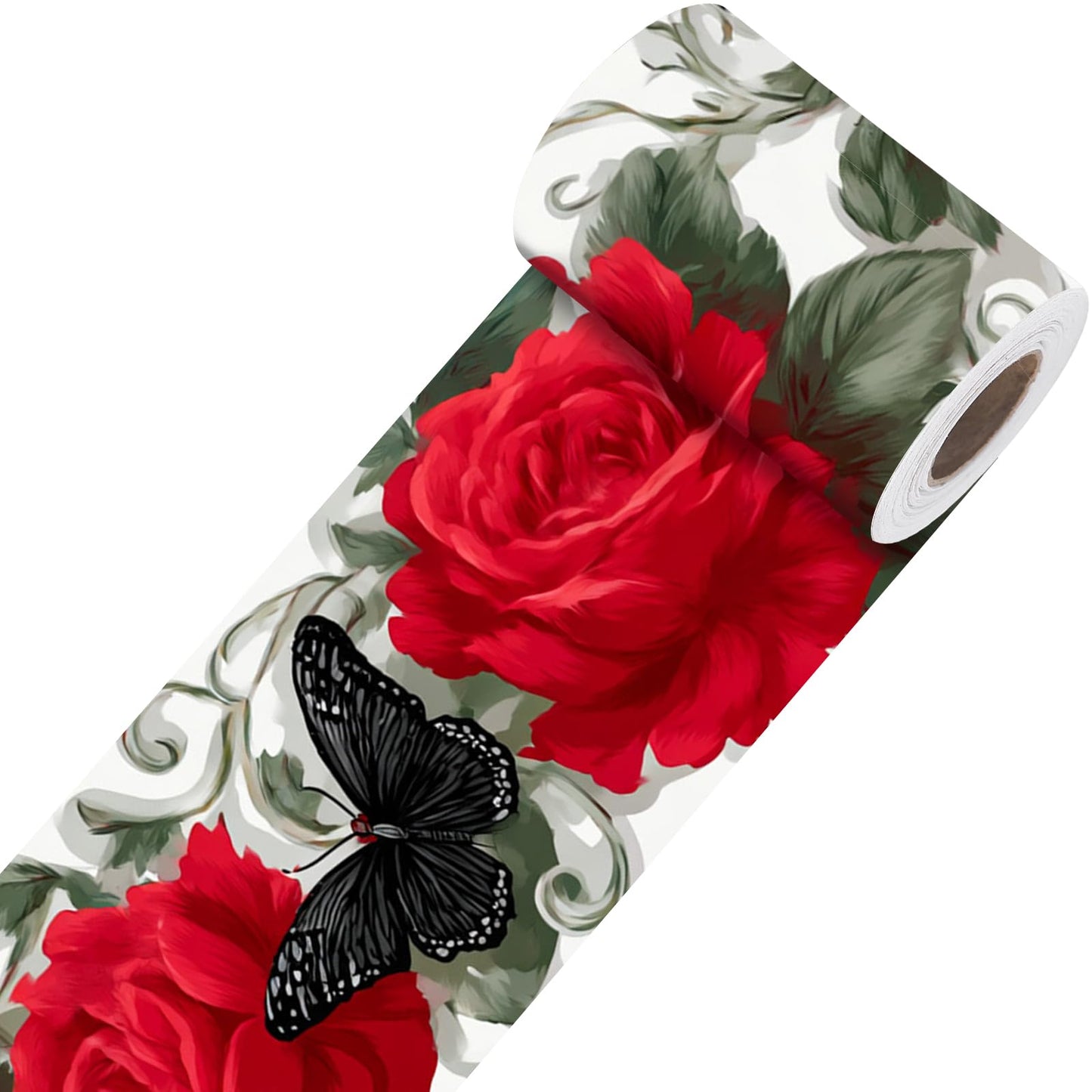 Nuxovilar Wallpaper Border Peel and Stick, Red Floral & Butterfly Pattern Self-Adhesive Wallpaper, PVC 3.94×16.4 Ft, Great for Bedroom, Living Room, Nature-Inspired Decor