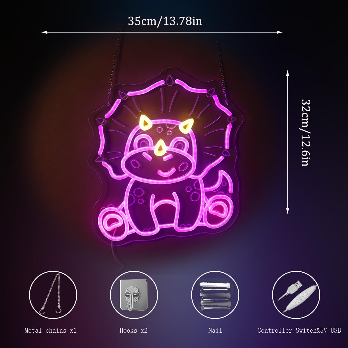 Nordstylee Cute Triceratops Dinosaur Neon Light - Pink Dimmable LED Wall Sign for Girls Room Decor, USB Powered with Hanging Kit, Bedroom Nursery Party Christmas Wall Art Gift for Dino Lovers