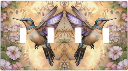 Decorative Art Light Switch Covers Blossom & Hummingbird Quad Toggle 4 Gang Wall Plate Switch plate Electrical Faceplate for Home Decor