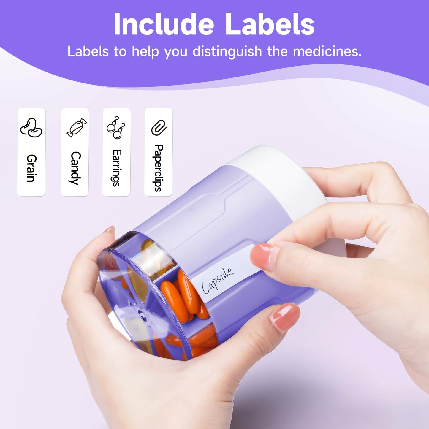 Daviky Pill Bottle Organizer, Supplement Organizer with 7 Large Compartments, Travel Pill Dispenser Round Pill Box with Two Lids（Purple）