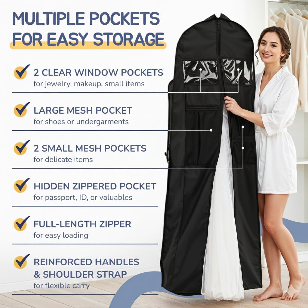 Wedding Dress Garment Bag 72" – Waterproof Trifold Travel Garment Bag for Bridal Gown with Shoulder Strap, Suitcase Sleeve & Accessory Pockets – Fits Full Skirts, Oxford Fabric, Carry Handle