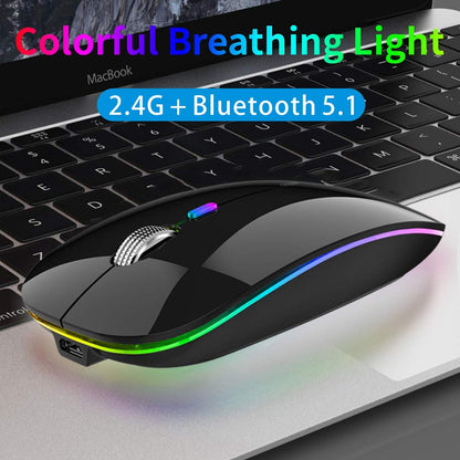 TENMOS Wireless Bluetooth Mouse, LED Slim (Bluetooth 5.1/5.0 + USB) 2.4GHz Rechargeable Silent Bluetooth Wireless Mouse with Type C Adapter for Laptop/MacBook/iPad OS 13 and Above (Matte Black)