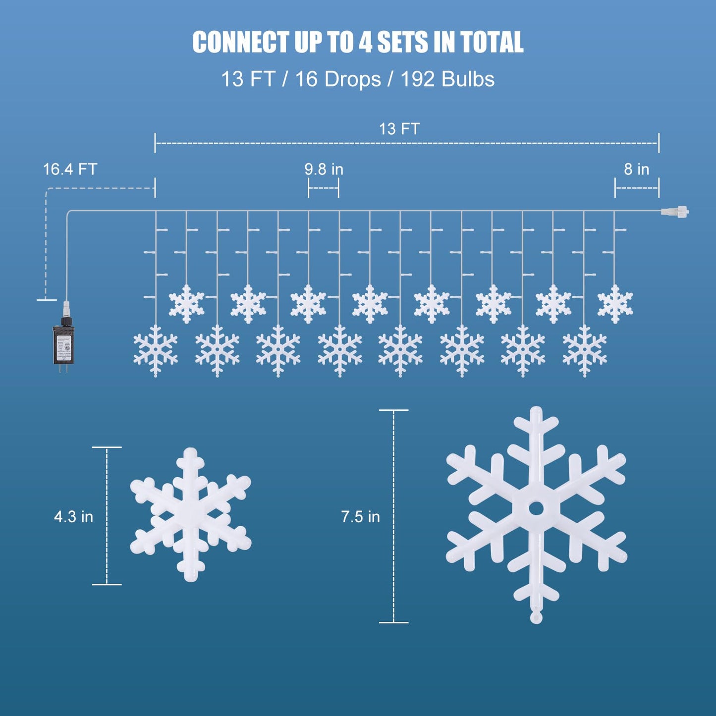 Christmas Snowflake Icicle Lights - 13ft 192LED Snowflake Drops, 12 Modes and Timer, IP65 Waterproof Connectable Christmas Lights for House Eave Window Indoor Outdoor, White