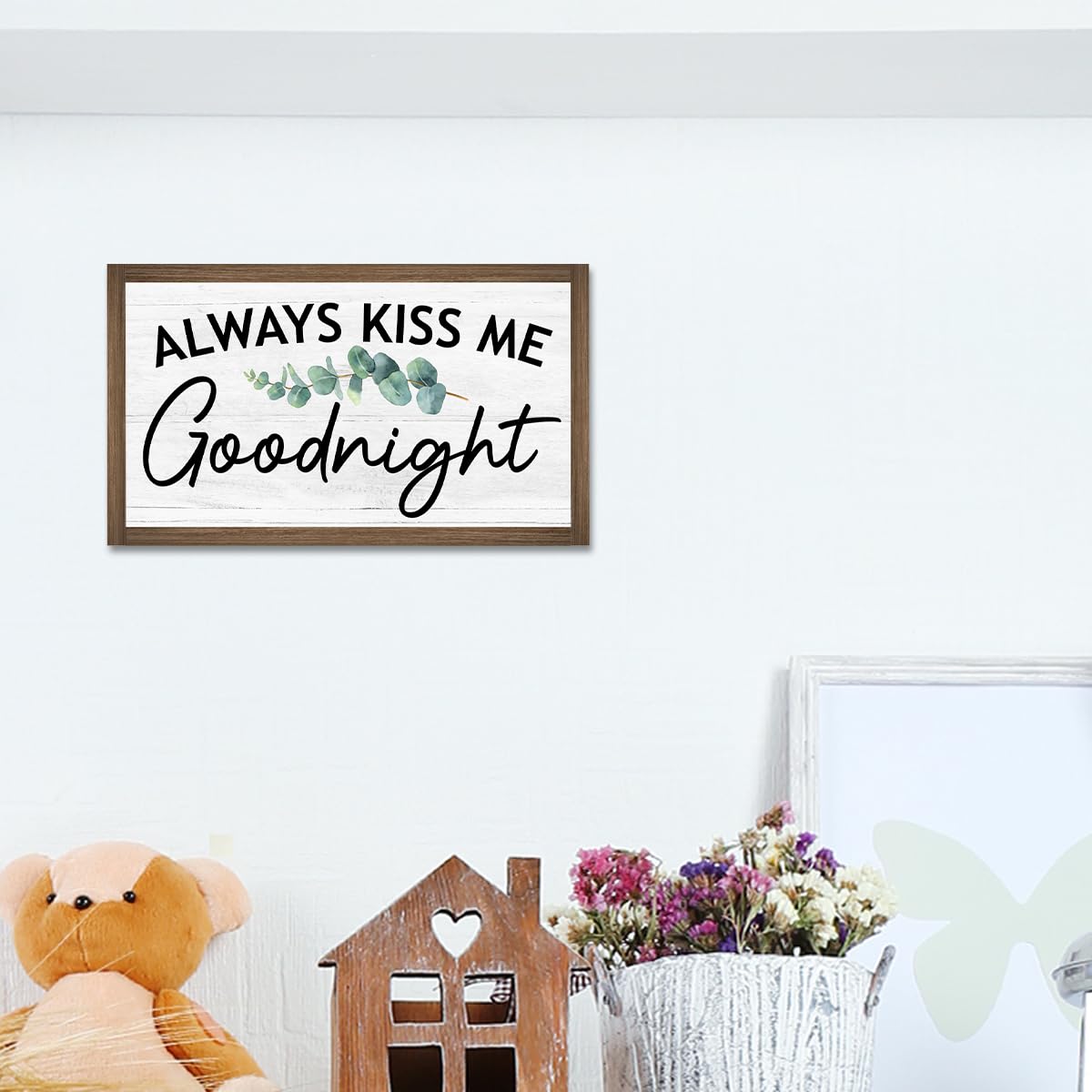 Always Kiss Me Goodnight Wooden Box Sign Desk Decor,Rustic Farmhouse Love Sign Wood Block for Home Bedroom Shelf Tabletop Wall Decor