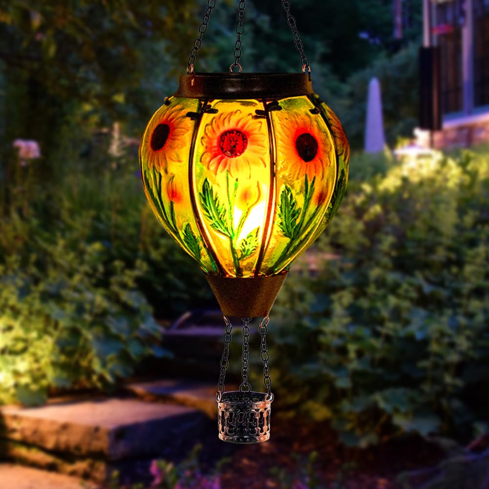 Starsoul Sunflower Hot Air Balloon Solar Lantern Glass Outdoor Hot Air Balloon Solar Flickering Flame Light Hanging Solar Lanterns Outdoor Waterproof Garden Patio Yard Party Decor