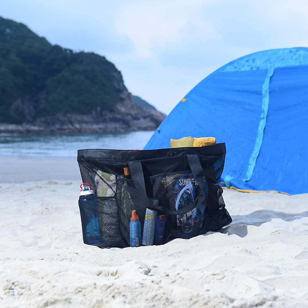 GOTDYA Extra Large Beach Bag, XL Mesh Tote with Zipper and Pockets Ideal for Your Family Lake/Cruise/Beach Vacation Essentials-Black