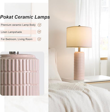 PoKat 27.5" Pink Ceramic Table Lamps for Girls Room Set of 2, Modern Bedroom Lamps, Bedside Lamps for Night Stands Living Room, Cute Lamps Pink Decor, Nightstands Desk Nursery