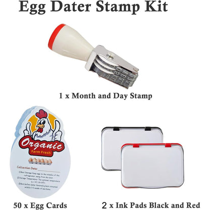Aunewrick Egg Dater Kit, Date Stamp, 2 Fade-Resistant Inks (Red & Black), Stamper Pad, 50 Farm Fresh Eggs Instructions, for Chicken Duck Turkey Goose Eggs