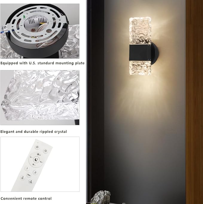 HuisMier Black Crystal Wall Sconces, Modern 3000K-6000K Dimmable LED Wall Light Fixtures with Remote, K9 Crystal Vanity Wall Lighting for Bathroom Bedroom Living Room Stairway Hallway, Hardwired