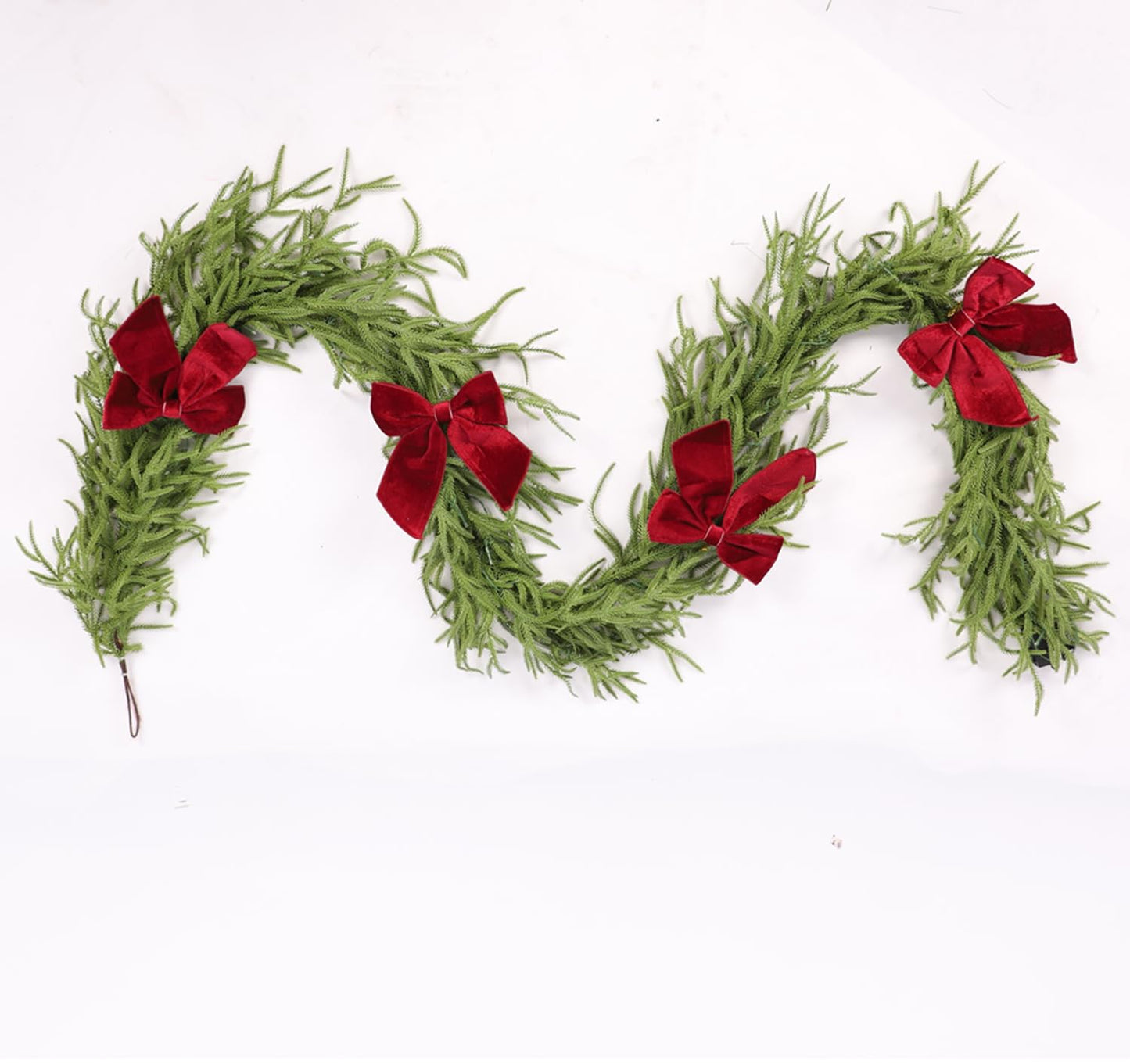 HipTree 9ft Christmas Garland with Lights,Lighted Norfolk Pine Garland for Mantle,Prelit Real Touch Artificial Greenery Christmas Winter Garland with Large Burgundy Velvet Bow for Indoor Outdoor Decor