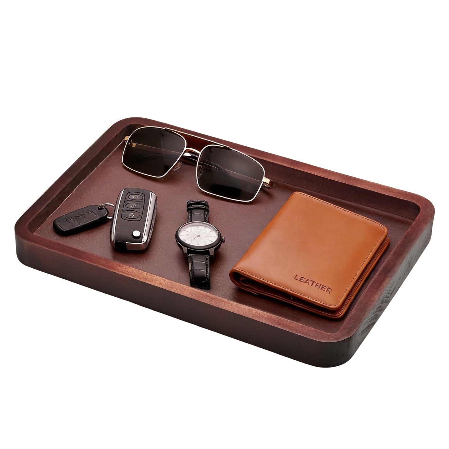 Wooden Valet Tray,Brown Wooden Catch All Tray with Leather Inlay Organizer ，Nightstand, Entryway Bedside Dump Holder, for Keys, Watches, Phones, Wallets Jewelry and More(H=1.2IN)