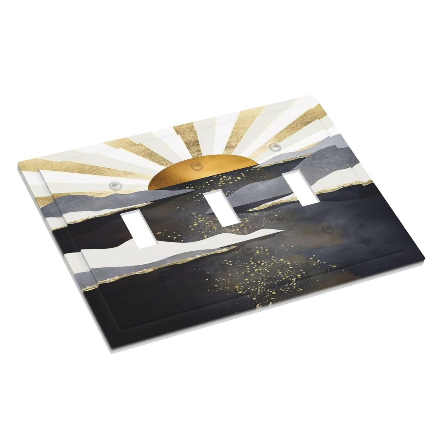 Mid Century Abstract Boho Gold Sun Sunrise 3 Gang Light Switch Cover Decorative Triple Toggle Wall Plate Electrical Faceplate Switchplate for Bathroom Bedroom Home Decor